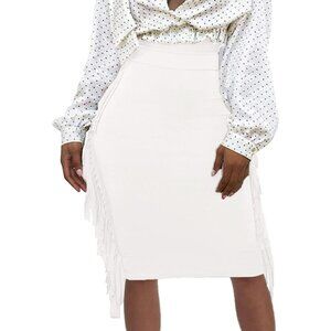 Women White High Waist Side Tassels Fringe Bodycon Pencil Midi Skirt